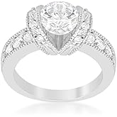Beautiful Vintage Tension Set Round Cubic Zirconia CZ Engagement Ring, Prong Set Accents, Rhodium Plating, Size 5
