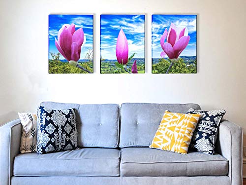 Wall Art Canvas Painting Purple Magnolia Flowers on The Branch Print Picture Modern Home Decor Painting for Living Room（12x16inch x3pcs）