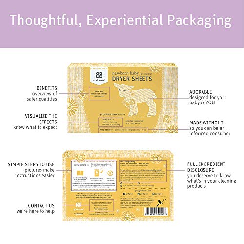 Grab Green {Stage 1} Natural Newborn Baby Laundry Dryer Sheets {0-4 Months}, Compostable, Free of Wax & Animal-Derived Ingredients, Calming Chamomile Fragrance-with Essential Oils, 30 Sheets (3-Pack)