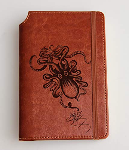 Octopus Engraving on journal with your signature Custom text or custom quote leather bound, strip with the same color to keep it closed, jotter, scribbling pad, pet loss journal