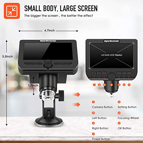 WiFi HD Microscope 1080P 4.3 inch LCD Screen, VSATEN Wireless Digital 50X-1000X Magnification Zoom USB Microscope Camera 2.0 Megapixels 8 Led Camera Video Recorder for iPhone Android Windows Mac Linux - Thumbnail 2