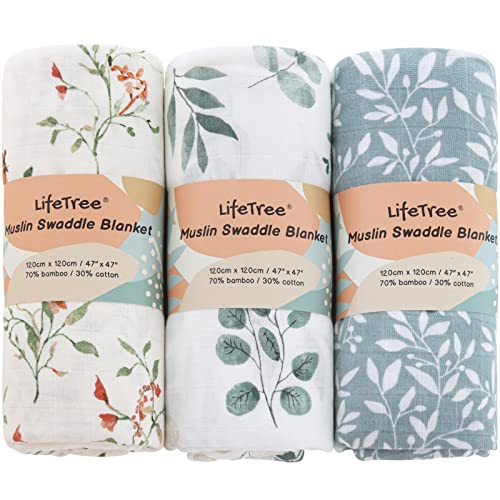 LifeTree Muslin Swaddle Blankets, 3 Pack Baby Swaddling Neutral