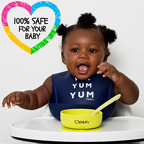 Baby Feeding Set | Silicone Bib Plates Bowls Spoons | Divided Plate Suction Bowl & Soft Spoon Aids Self Feeding | Adjustable Bib Easily Wipe Clean | Spend Less Time Cleaning Up After Toddler/Babies