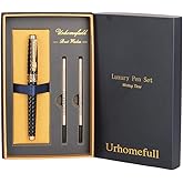 Urhomefull Stunning Luxury Rollerball Pen with 24K Gold Trim,Switzerland Tip with Black Ink Refills, Perfect Roller Ponit Pen Gift Set for Men Women, Fancy Writing Set for Business,Black