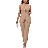 Kafiloe Pant Suits for Women Dressy Belted Sleeveless Vest Blazer Sets 2 Piece Business Casual Outfit