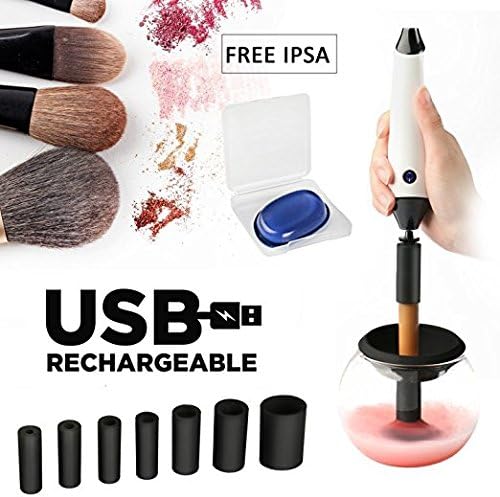 AMILE Electric Makeup Brush Cleaner &amp; Dryer Machine, 7 Rubber Holders, Automatic Clean in Seconds &amp; Dry in 360° Rotation with a Makeup Puff for All Makeup Brushes Cleaning