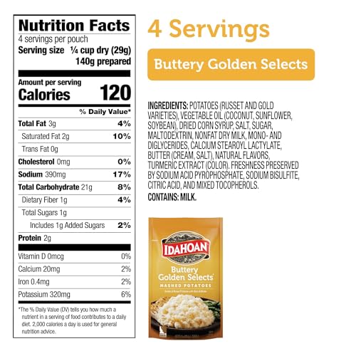 IDAHOAN BUTTERY GOLDEN SELECTS MASHED POTATOES, NATURALLY GLUTEN-FREE, 100% REAL IDAHO POTATOES, 4 SERVINGS PER BAG, 4.1 OUNCE (PACK OF 10)