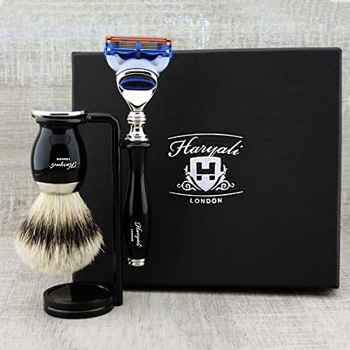 Haryali London 3 Pc Mens Shaving Kit 5 Edge Safety Razor With Silver Tip Badger Hair Shaving Brush and Stand Perfect Gift Set For Men