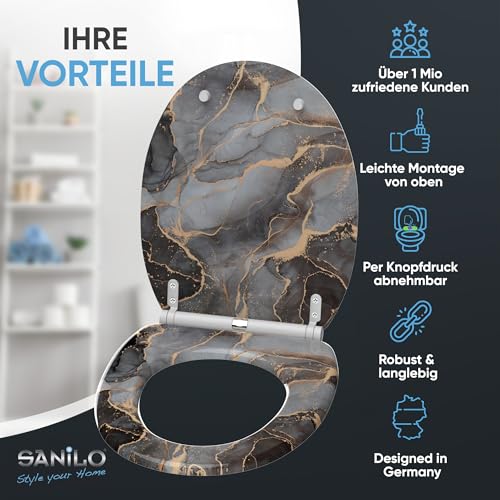 Toilet Seat with Self-Closing Mechanism, Many Toilet Seats to Choose From, High-Quality Finish, Easy Mounting, Sturdy Hinges (Marble Abstract)