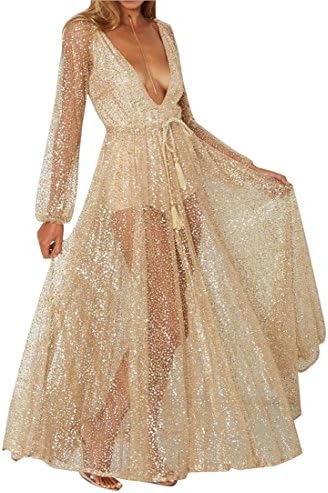 KLJR Womens Deep V-neck Sequins See Through Long Sleeve Swing Party Maxi Dress Gold US L