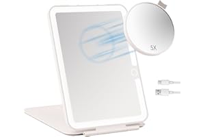 Dear girl Travel Makeup Mirror with Lights, Rechargeable Portable Lighted Mirror, 3 Color Light Dimmable Touch Screen, 1X Light up Vanity Mirror with 5X Magnifying Mirror, Travel Essential