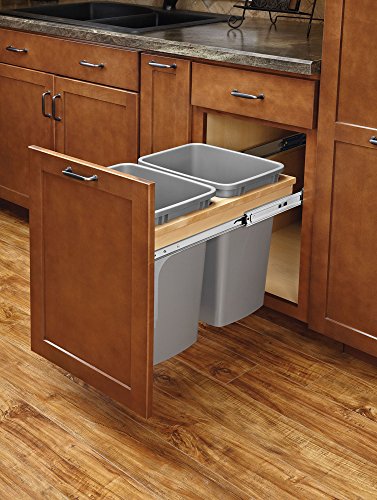 UPC 090713001753, Rev-A-Shelf 4WCTM-18BBSCDM2 Double Pull-Out Top Mount Wood and Silver Waste Container with Ball-Bearing Soft-Close Slides, 35 quart, Natural