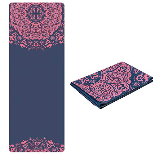 TOPLUS Travel Yoga Mat – Foldable 1/16 Inch Thin Hot Yoga Mat, Sweat Absorbent Anti Slip, High-Grade Natural Suede for Travel, Yoga and Pilates, Coming with Carrying Bag (Red Flower)