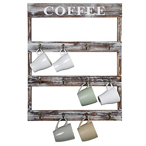 MyGift 12Hook Rustic Torched Wood Wall Mounted Coffee Mug Rack, Teacup