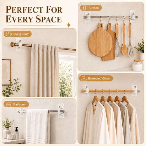 Wosyoodo 4 Ganchos para Cortinas Sin Taladrar con Tornillos - Soporte Invisible Transparente para Barra de Cortina (Hasta 20 lb), para Barra Ø 1.5-3.3 cm, Ideal para Cortinas y Toallas