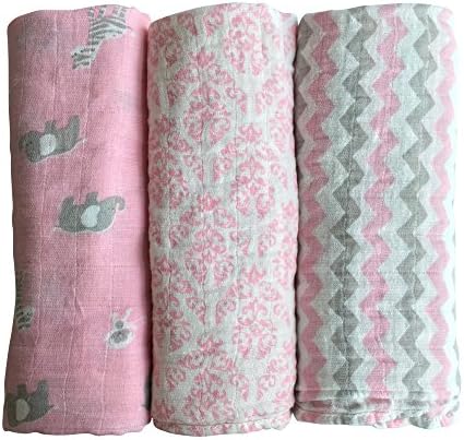 Muslin Baby Swaddle Blankets by LANCON Kids (3 Pack) - 100% Cotton, Soft, Stylish, Multi-Use Blankets 47 x 47 (Pink/Gray/White - Chevron, Floral, Safari Collection)