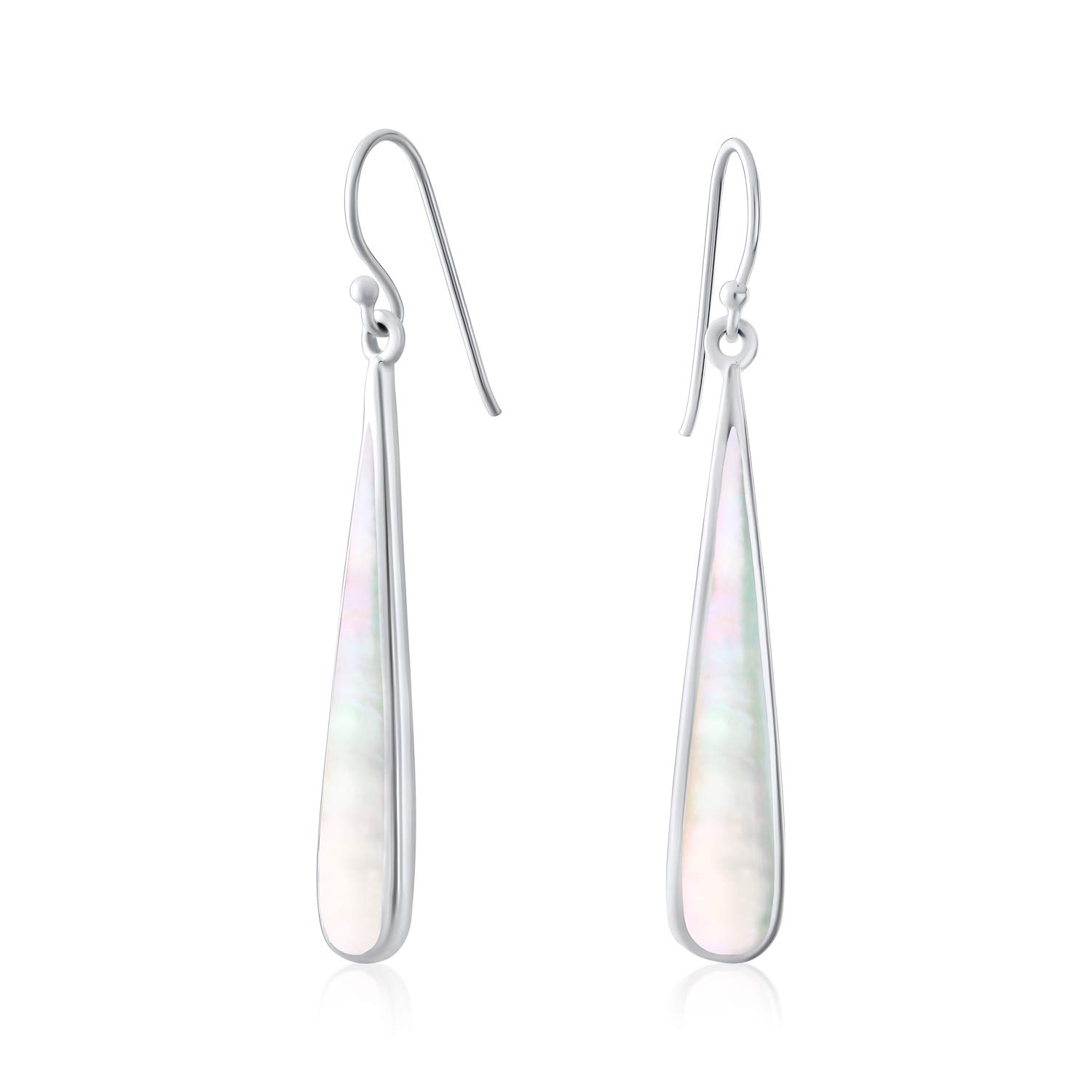Simplistic Boho Large Iridescent Rainbow White Mother of Pearl Shell Natural Flat Teardrop Shaped Dangle Earrings For Women Teen .925 Sterling Silver Fish Hook Wire Threader