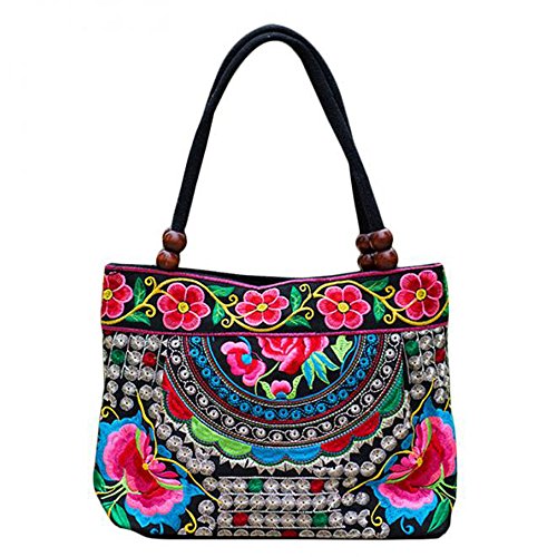 National Boho Indian Women Totes Handbag Mandala Flower Embroidery Shoulder Bag (Coins3)