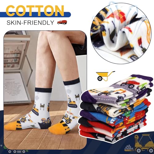 Queenshin 6 Pares Calcetines Niño Infantiles Camión de Obras Bomberos Coche de Carreras Colorido Calcetín Crew Suave Regalos 3-14 años Tamaño 25-38