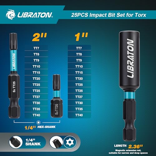 LIBRATON 25 x Torx Security Bits (T7-T40), Tamper Proof Screwdriver Bit, S2 Screw Bits with Magnetic Ends (1" and 2"), Magnetic Bit Holder and Storage Box
