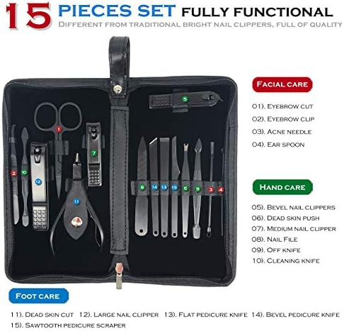 Joston Unisex Professional Stainless Steel Small Mini Nail Clippers Set 15 in 1 Black
