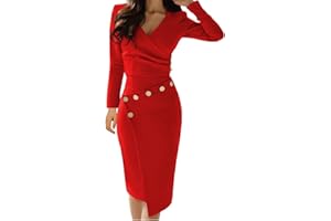 Lrady Women's Deep V Neck Casual Work Bodycon Cocktail Party Pencil Midi Dress