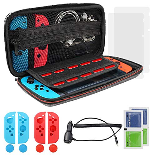 LINGSFIRE Switch Carrying Case for Nintendo Switch with Screen Protector and Car Charger, 10 Game Cartridges Protective Hard Travel Case for Switch Console Accessories