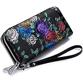 GOIACII Women's Wallet Large Capacity Double Zip Ladies Card Phone Holder RFID Blocking Wristlet Leather