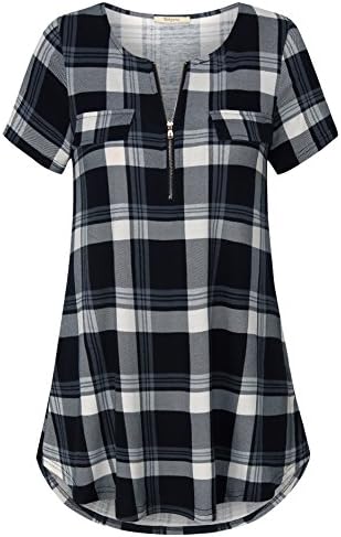 Bebonnie Plaid Shirts for Women, Women Casual Notch V Neck Short Sleeve Zip up A Line Tunic Top Blouse Shirts Grey Black XL