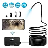 Wireless Endoscope - KinCam 5.0 MP HD Auto Focus WiFi Borescope Inspection Camera IP68 Waterproof 2600mAh Semi-Rigid Snake Camera for Android and iPhone, iOS Smartphones (5m/16.4ft Cable)