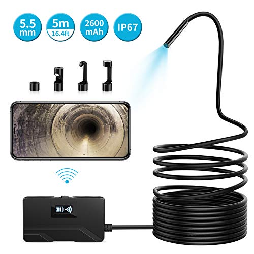Wireless Endoscope - KinCam 2600mAh IP67 Waterproof WiFi Borescope Inspection Camera 2.0 MP Semi-Rigid Snake Camera for Android and iPhone, iOS Smartphones (5m/16.4ft Cable)
