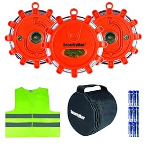 Image of Securityman LED Road Flares with Safety Vest [DOT Approved] - Emergency Kit for Roadside & Marine Boat Hazards - Bright Warning Beacon/Flashing Distress Light - Car & Truck Magnetic Base (3 Pa