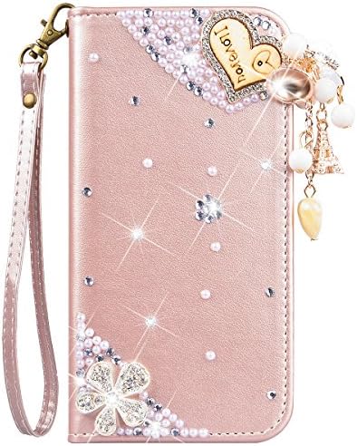 Galaxy S7 Case, CinoCase Luxury 3D Bling Crystal Rhinestone Wallet Leather Purse Flip Card Pouch Stand Cover Case with Shiny Diamond Pearls &amp; Lovely Heart Pendant for Samsung Galaxy S7 - Rose Gold