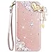 iPhone 6 Case, iPhone 6S Case, CinoCase Luxury 3D Bling Crystal Shiny Rhinestone Wallet Leather Purse Flip Card Pouch Stand Cover Case with Lovely Heart Pendant for iPhone 6 6S (Rose Gold)