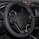 Rueesh Car Steering Wheel Cover, Genuine Leather, Sporty Curves, Durable, Thick, Anti-Slip, 15 Inch Middle Size - Black with Black Lines