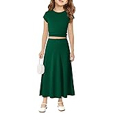 Haloumoning Girls 2 Piece Maxi Skirt Set Kids Ribbed Knit Crop Top and Elastic Waist Long Skirt Sets Outfits 5-14 Years