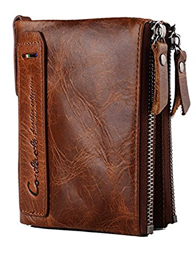 Men’s Genuine Leather Wallet – Vintage Cowhide Bifold With Double Zipper Pockets & Coin Compartment - View #5