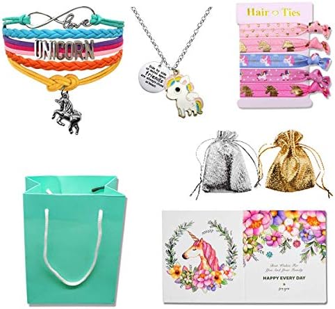 Unicorn Gifts for Girls - Unicorn Goodie Bag, Rainbow Bracelet/Hair Ties/Unicorn Necklace/Gift Card/Gift Bag …