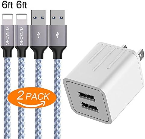 iPhone Charger, YUNSONG 4.2A 21W Dual Port Travel Power Adapter with Nylon Braided Lightning Cable 6FT 2PACK USB Data Sync Charging Cord for iPhone X/8/7/6S/Plus/5S/SE/5C/iPad Air/mini