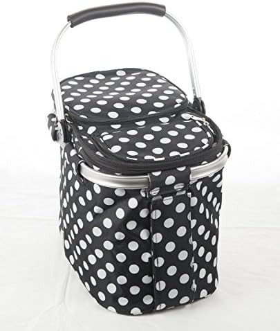 Foldable and Insulated Picnic/market/cooler Basket with Aluminum Frame (Black with White Polka Dots)
