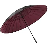 ThreeH Stick Umbrella 190T 24 Ribs Double Layer Long Leather Handle Straight Anti-UV Sun/Rain Walk Windproof Umbrella,Red