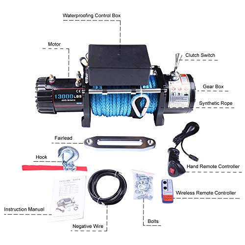 ECCPP Winches12V 13000 LBS Electric Winch+Aluminum Fairlead+Synthetic Rope+Control Box Assembly+Wireless/Hand Remote Controller+Negative Wire+Hook+Bolts for SUV/ATV/4WD/Off - Image 3
