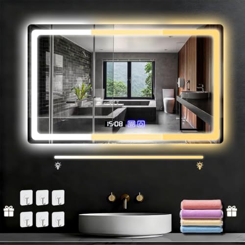 Espejo de Baño LED,Espejo Inteligente con Hora y Botones táctiles,Espejos para Baño con Ajustable en 3 Temperaturas de Color,Función de Memoria y Desempañado HD.Allaceryvva (Square 50x70cm)