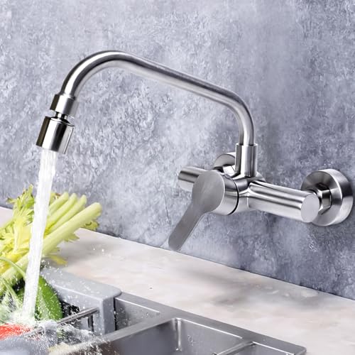 FALSKT Wall Mounted Kitchen Tap 360° Swivel Stainless Steel Kitchen Tap Wall Mixer Cold and Hot Water Outlet Can Rotate for Kitchen, Bathroom, Garden (Silver)