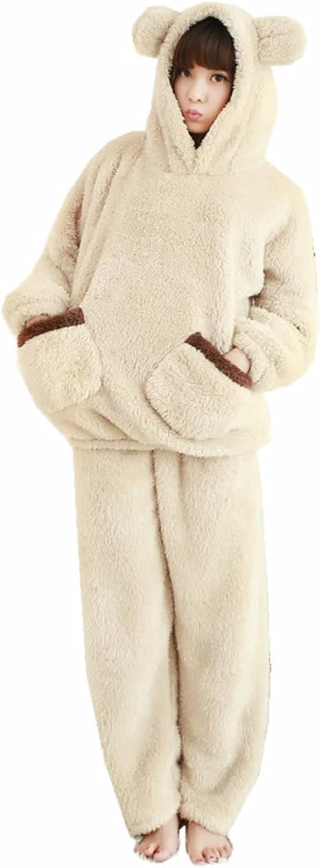 Amazon Royanney パジャマ モコモコ ルームウェア レディース 冬 もこもこ 耳付き クマ パジャマ みみ 着ぐるみ 暖か 部屋着 クマ耳 動物パジャマ パジャマ ルームウェアセット 通販