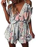 Longwu Women's Sexy Spaghetti Strap V neck Flower Printed Romper Short Jumpsuit Blue-L