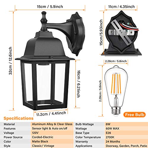 Dusk to Dawn Sensor Outdoor Wall Lanterns, Exterior Wall Sconce Fixture with E26 Base LED Bulb, Wall Mount Lights Anti-Rust Waterproof Matte Black Wall Lamp with Clear Glass Shade for Garage Doorway
