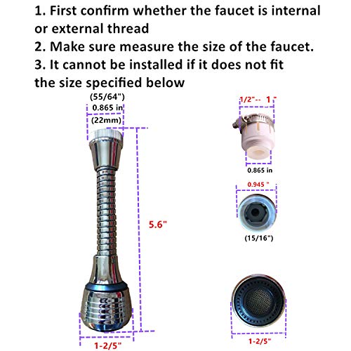 Sink Flexible Faucet Sprayer 360 °Aerator Extend Attachment ABS Polished Chrome for Kitchen Tap Cold Hot Water (Silver)