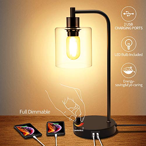 Industrial Table Lamp with 2 USB Charging Ports, Fully Stepless