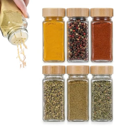 Kit 6 Porta Tempero Vidro Tampa Bambu Pote Organizador Tempero Luxo 120ml Transparente